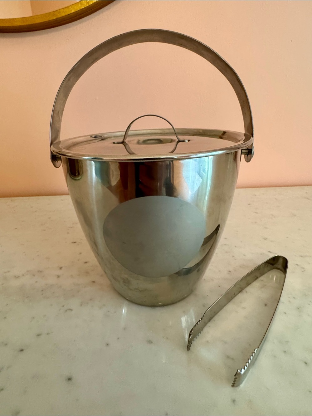 IKEA Stainless Steel Mini Ice Bucket with Handle and Tongs - Silver